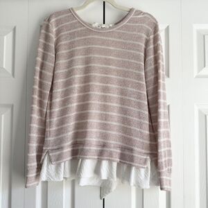 Clu + Willoughby Striped Layered Hem Sweater Top Taupe White Size Small